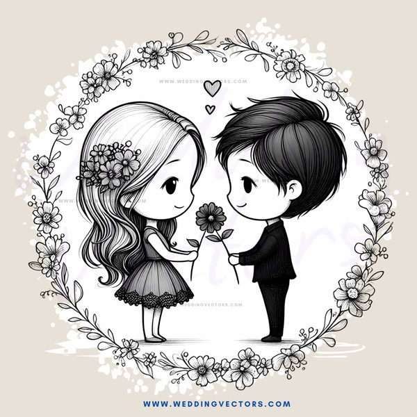 a boy and girl holding flowers inside a circle