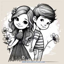 cartoon girl and boy with flower and butterfly icons