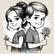 two children posing for picture with flowers and text on shirt