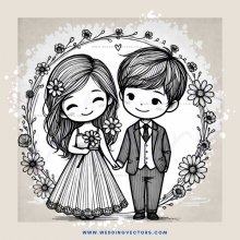 a couple in an embrace with floral designs around them