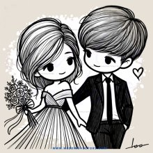 two people in black and white illustration holding hands