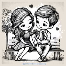 a boy and girl sitting on a bench with flowers and a rose