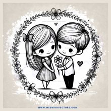 cartoon couple embrace and hold flower together