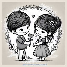 an illustrated couple holding flowers and hearts