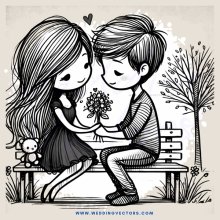 lovers on bench with bear and flowers