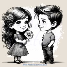 two children posing for picture with flower in left girl's hair