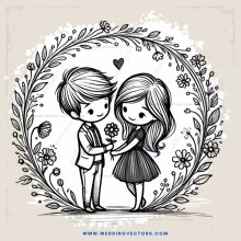 a boy and girl embracing in a wreath of flowers