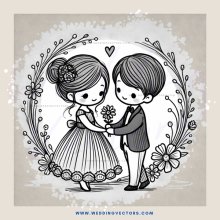 an illustrated boy and girl embracing with flowers