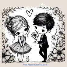 a boy and girl holding flowers and posing for a picture with an ornate background