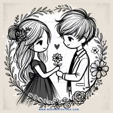 a boy and girl standing close together holding flowers