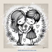 a couple holding flowers and hearts in an illustration