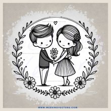 a couple holding flowers in an outline drawing