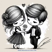 boy and girl holding flower, signed by a