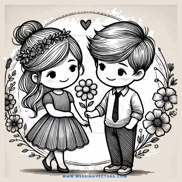 a boy and girl holding flowers