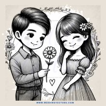 a boy and girl holding flowers