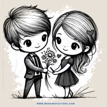 cartoon couple holding flower and rose