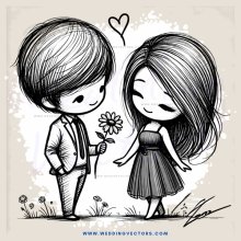 a boy and girl standing in front of flowers