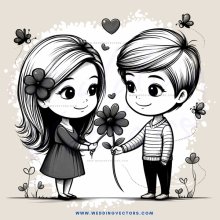 children's drawing in black and white with hearts and flowers