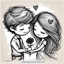 young couple embracing and holding a flower