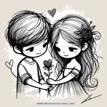boy and girl holding flowers and smiles with love hearts