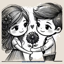 two people holding a flower and sharing an embrace