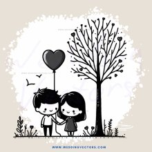 a couple embracing under a tree with hearts and birds