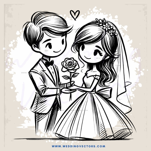 wedding cartoon picture with rose and heart