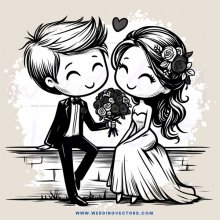 a bride and groom holding flowers