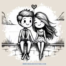 a boy and girl sitting on a brick wall with hearts