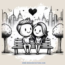 a couple sitting on a bench in front of a city skyline