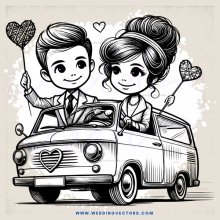 a couple in a car with hearts around them