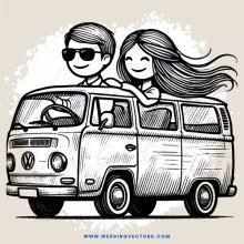 a happy couple riding in a van
