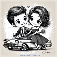 the cartoon depiction of a couple on a convertible with a flower in hand