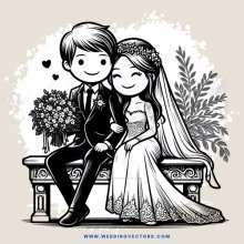 a bride and groom sitting on a bench together