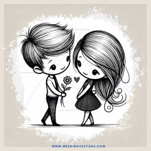 a boy and girl holding flowers and hearts