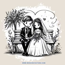 a bride and groom sitting on a park bench