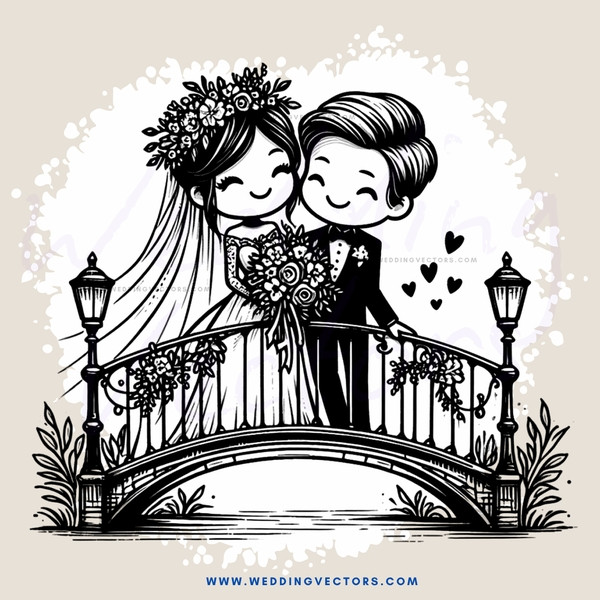 bride and groom on bridge with flowers