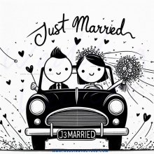a couple in a car with "just married" written on it.