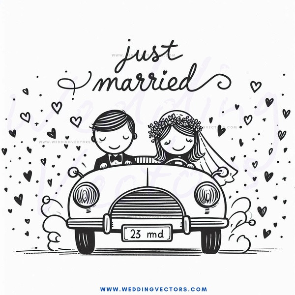 just married car cartoon drawing in black and white.