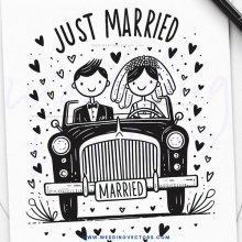 just married caricature wedding anniversary card with black and white paper cutouts design