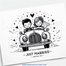 married couple in a car and wedding picture.