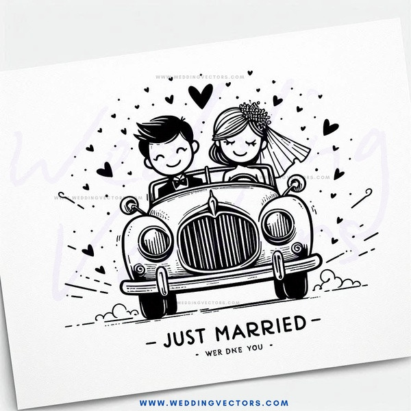 married couple in a car and wedding picture.