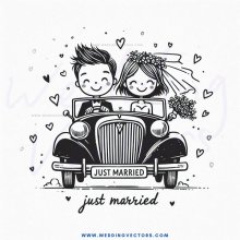 a couple in black and white car with "just married" written underneath.