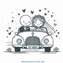 a bride and groom in their wedding car.